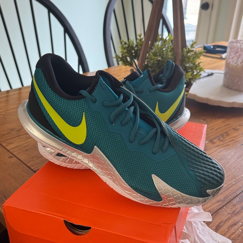 Nike Vapor Cage Rafa Teal and Lime Green tennis shoes